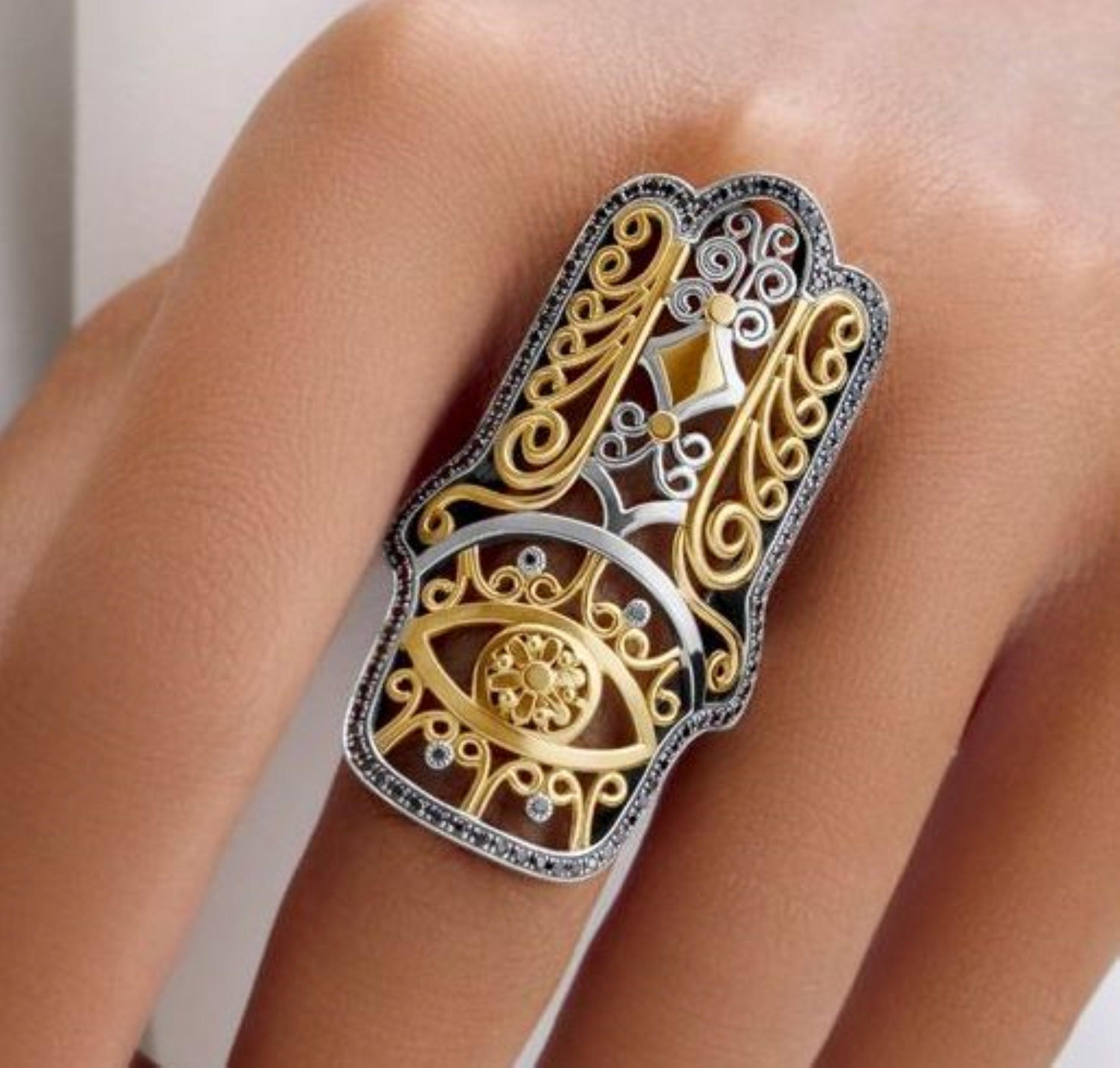 For Sale:  18 Karat Gold, Sterling Silver and Black Diamond Hand of Fatima Ring 2