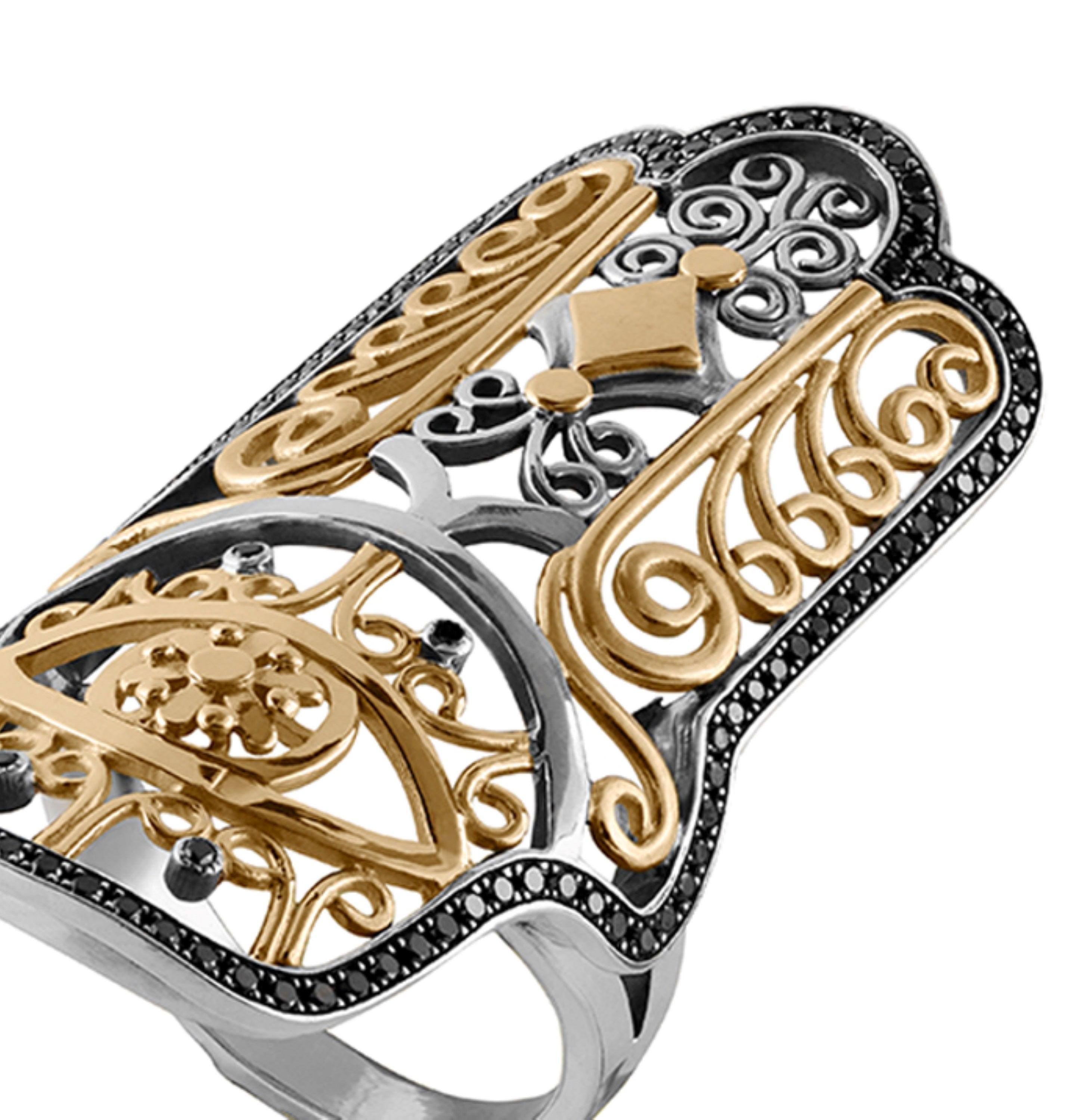 For Sale:  18 Karat Gold, Sterling Silver and Black Diamond Hand of Fatima Ring 4