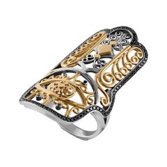 18 Karat Gold, Sterling Silver and Black Diamond Hand of Fatima Ring