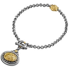 18 Karat Gold, Sterling Silver and Champagne Diamond T-Lock Calligraphy Bracelet