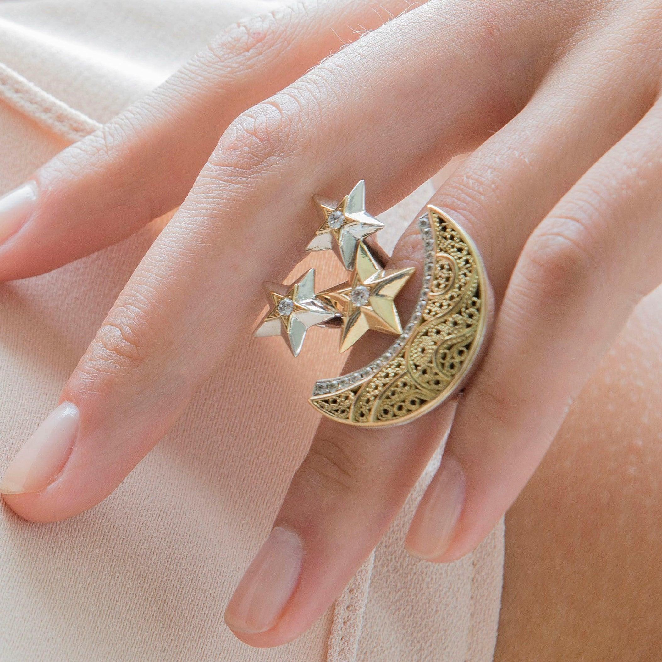 For Sale:  18 Karat Gold, Sterling Silver and Diamond Filigree Crescent Moon and Stars Ring 2