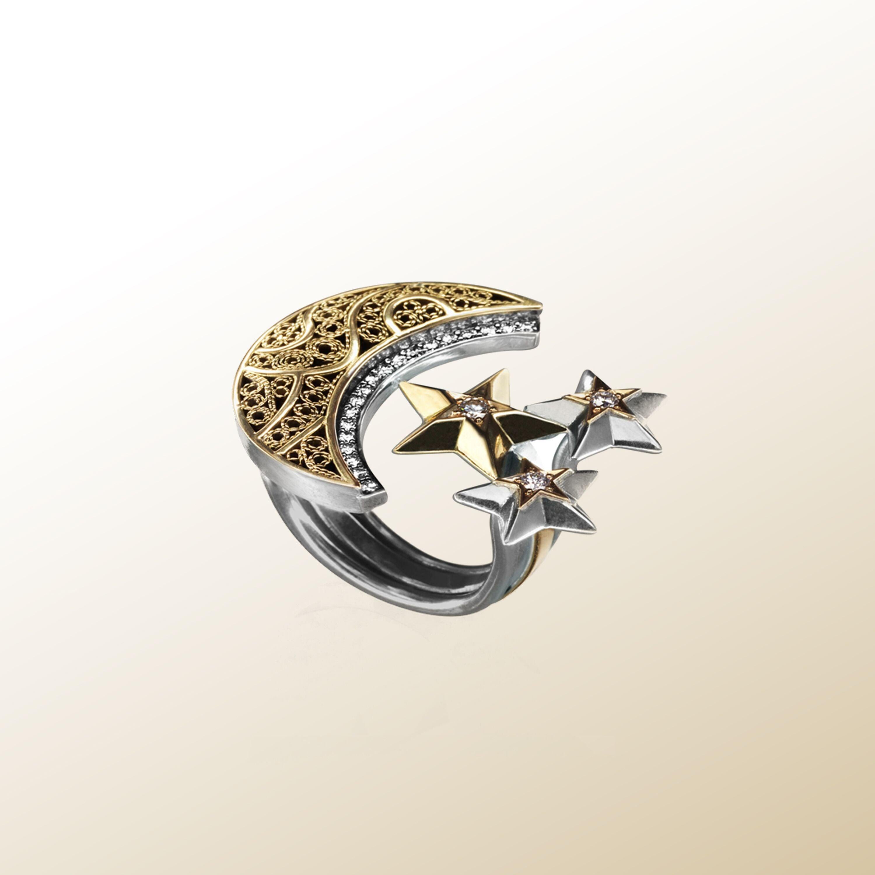 For Sale:  18 Karat Gold, Sterling Silver and Diamond Filigree Crescent Moon and Stars Ring 3