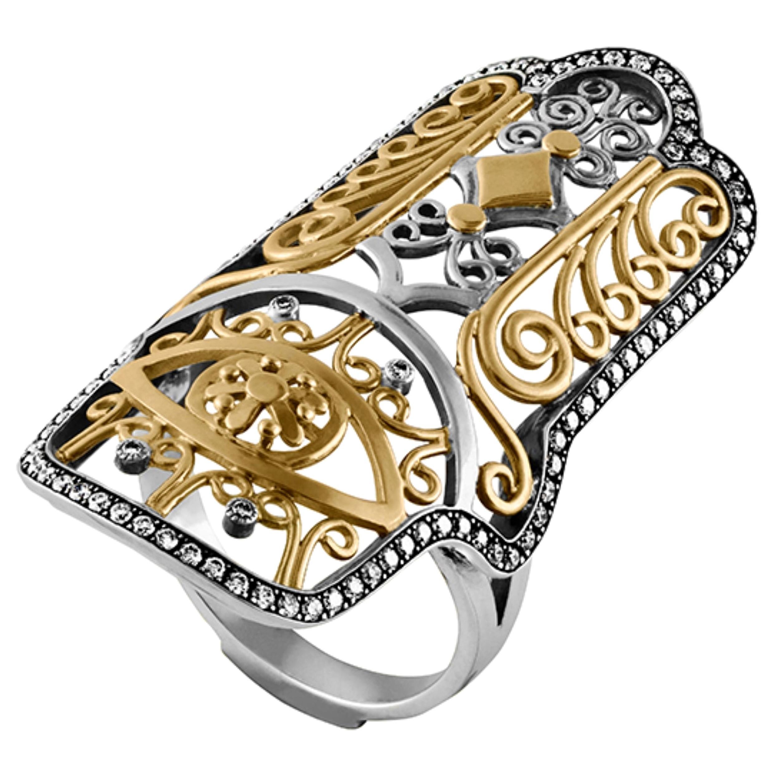 18 Karat Gold, Sterling Silver and Diamond Hand of Fatima Ring For Sale