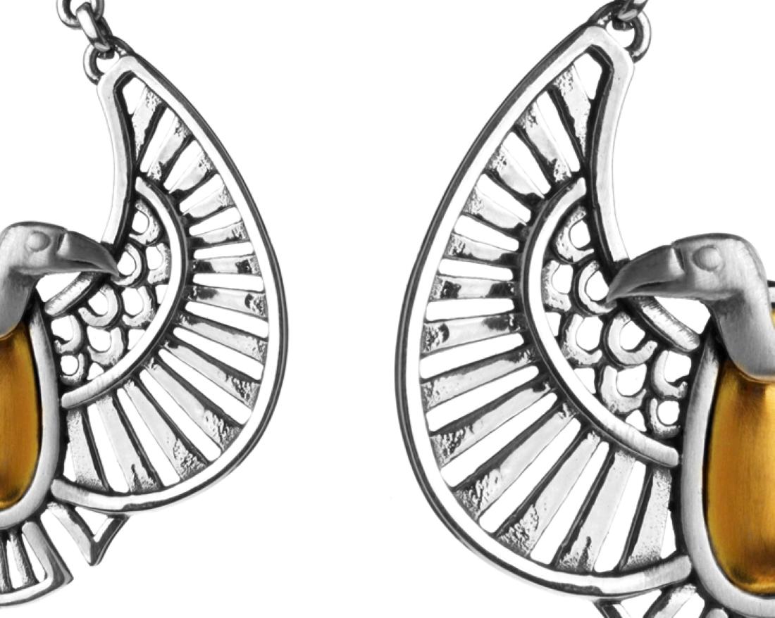 Oval Cut 18 Karat Gold, Sterling Silver and Faceted Citrine Nekhbet Vulture Earrings