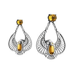 18 Karat Gold, Sterling Silver and Faceted Citrine Nekhbet Vulture Earrings