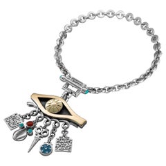 18 Karat Gold, Sterlingsilber, Koralle und Türkis Bettelarmband mit bösen Augen