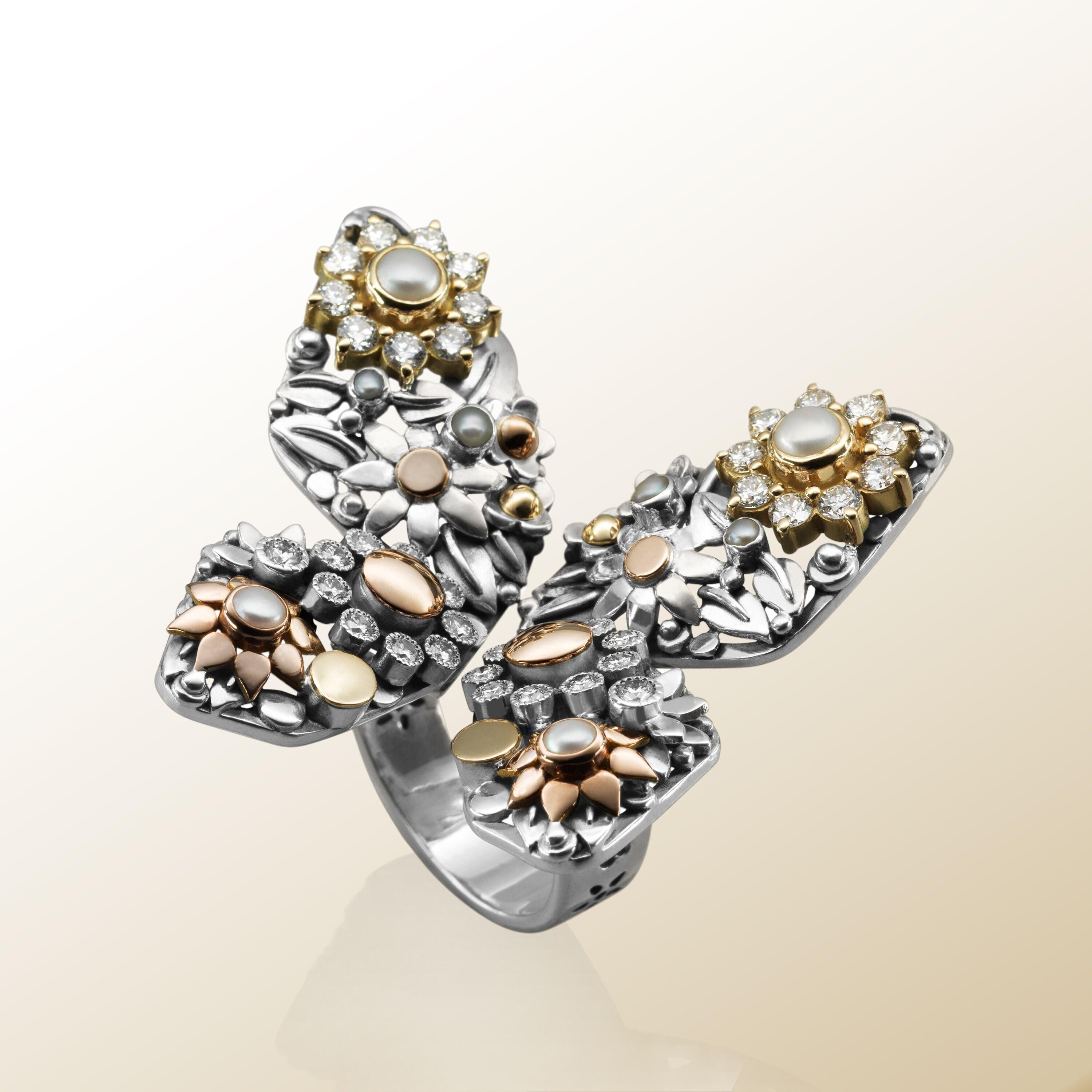 For Sale:  18 Karat Gold, Sterling Silver, Cultured Pearl and Diamond Butterfly Ring 5