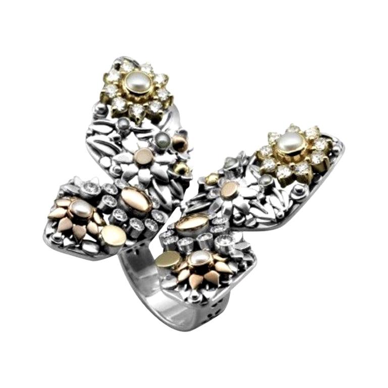 For Sale:  18 Karat Gold, Sterling Silver, Cultured Pearl and Diamond Butterfly Ring