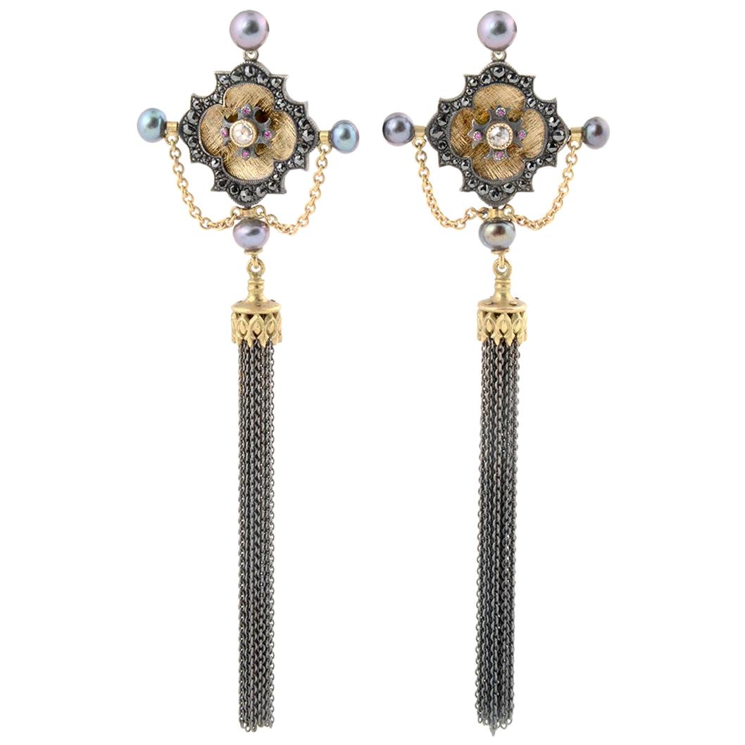18k Gold, Sterling Silver, Black Diamonds, Rubies, Antique Style Tassel Earrings