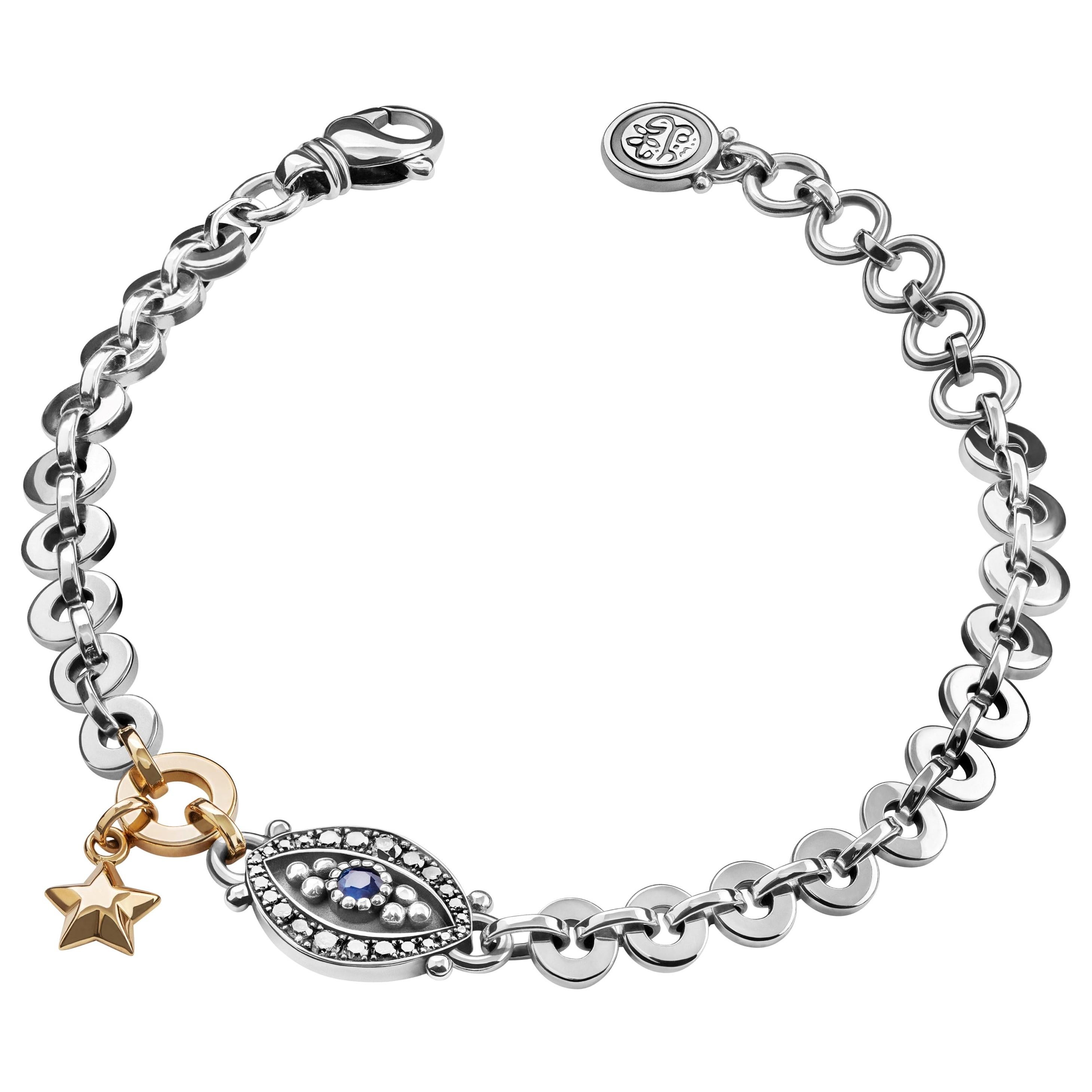 18 Karat Gold, Sterling Silver, Diamond and Sapphire Eye and Star Bracelet For Sale