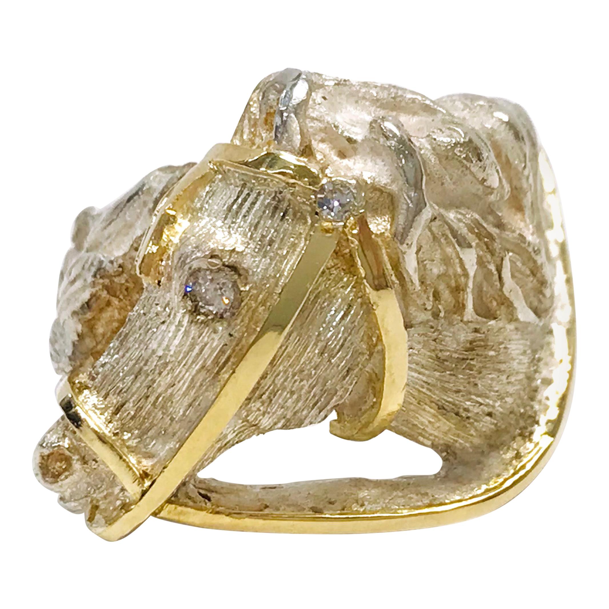 18 Karat Gold Sterling Silver Horse Head Ring For Sale