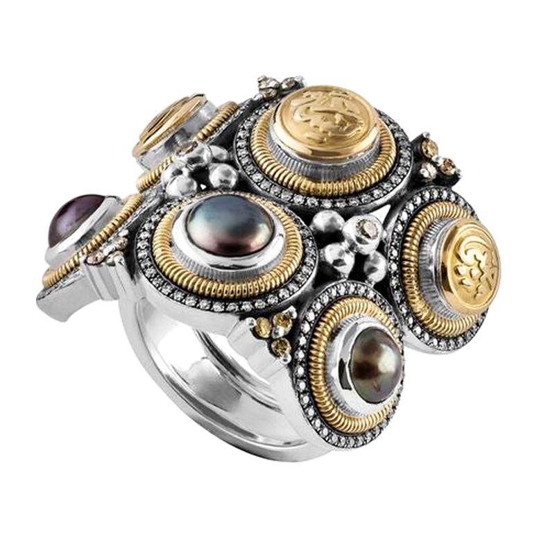 18 Karat Gold, Sterling Silver, Pearl and Diamond Tribal Calligraphy Ring For Sale