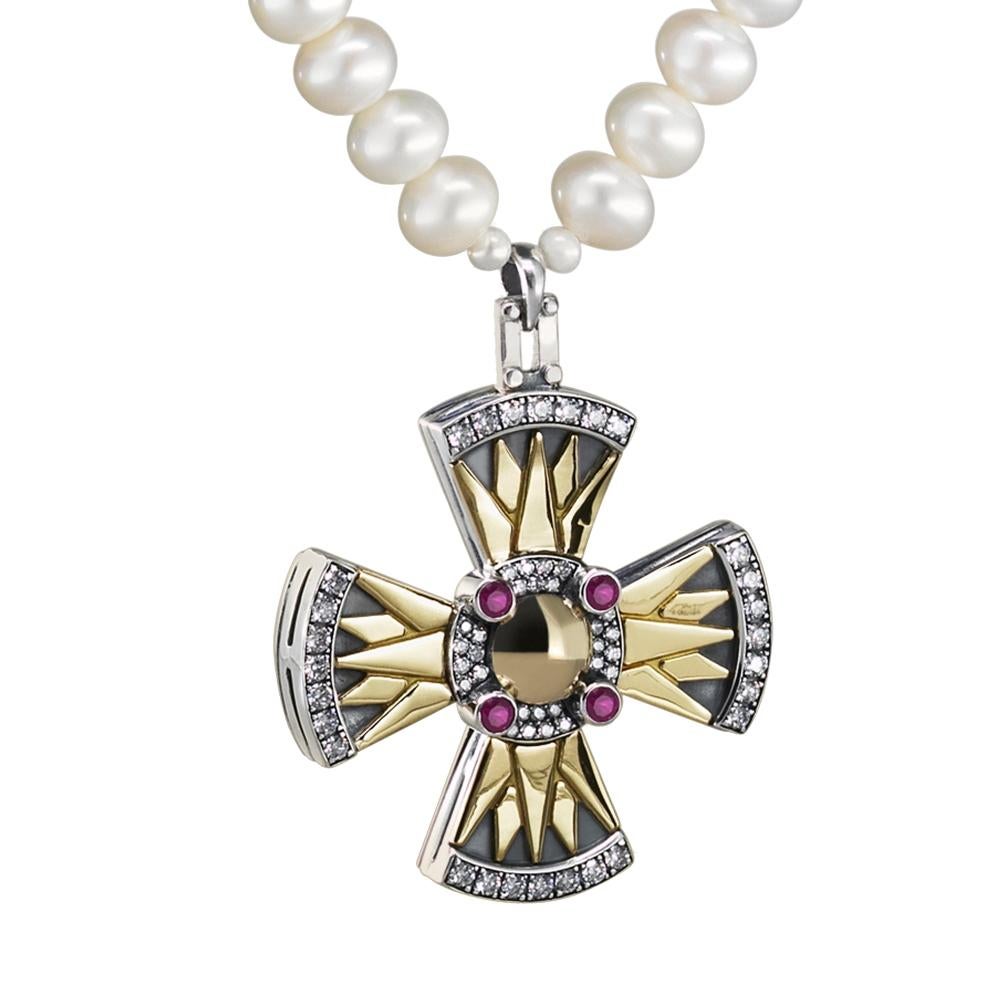 Round Cut 18 Karat Gold, Sterling Silver, Pearl, Ruby and Diamond Coptic Cross Necklace For Sale