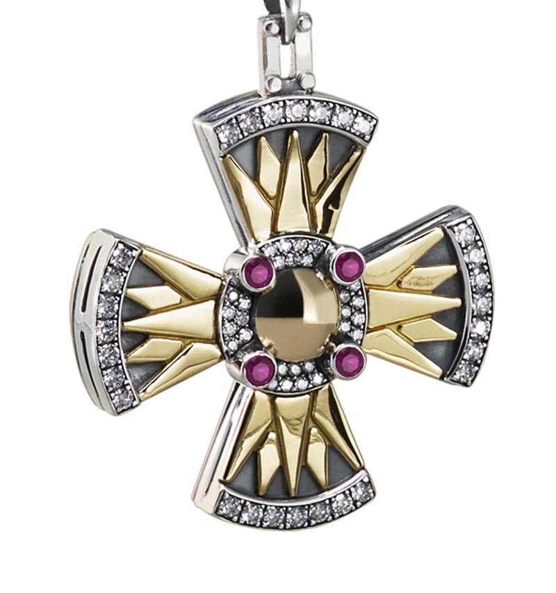 Women's 18 Karat Gold, Sterling Silver, Pearl, Ruby and Diamond Coptic Cross Necklace For Sale