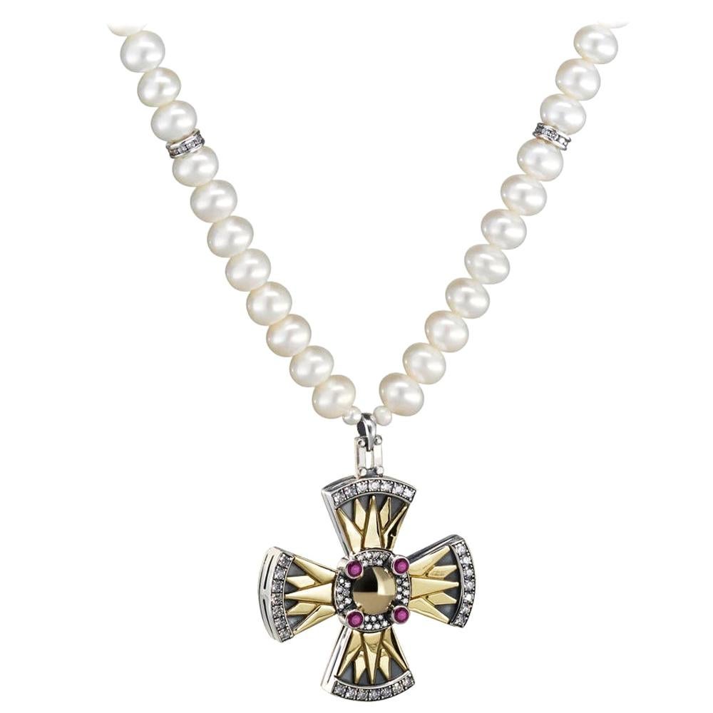 18 Karat Gold, Sterling Silver, Pearl, Ruby and Diamond Coptic Cross Necklace For Sale