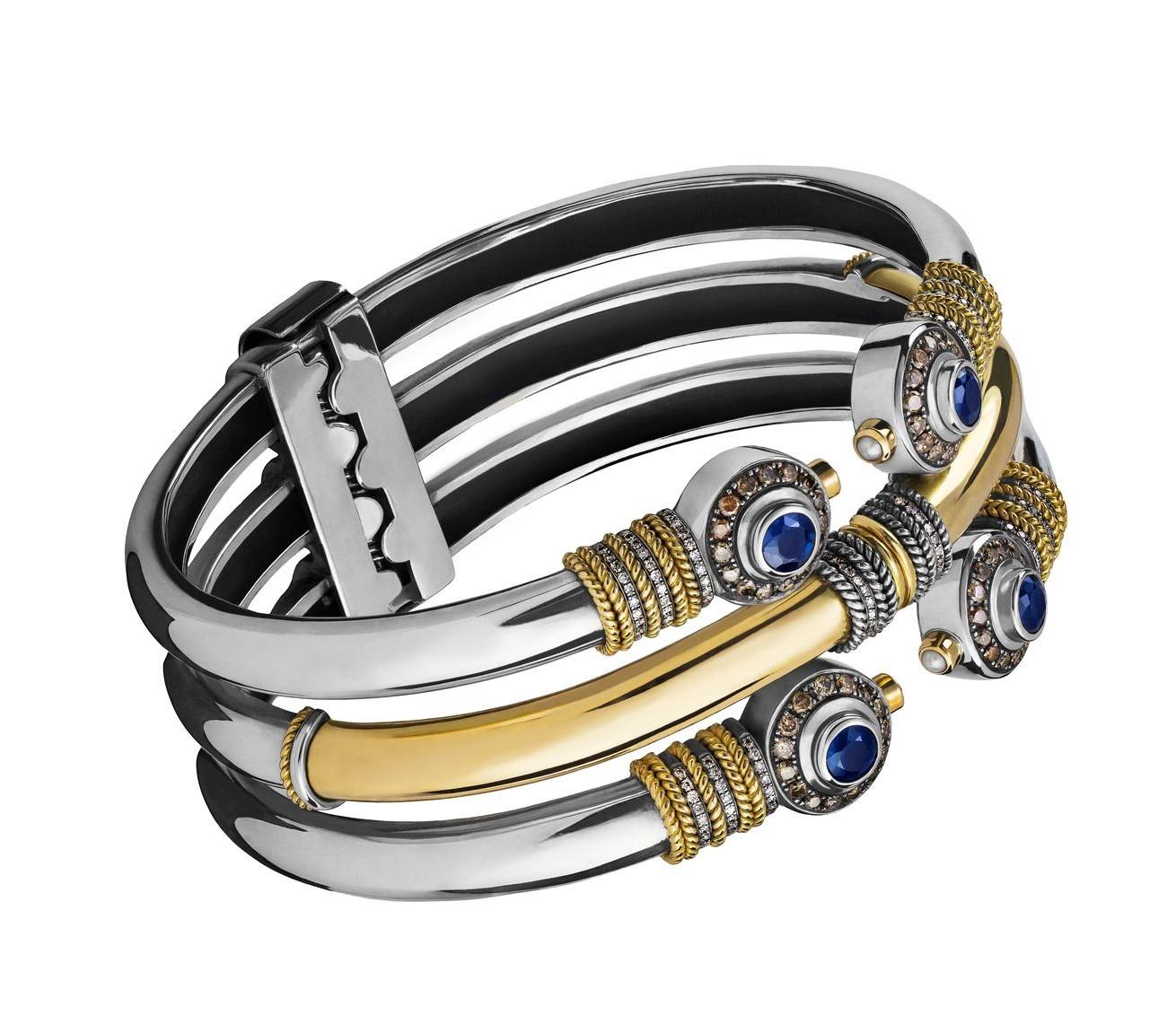 18 Karat Gold, Sterling Silver, Sapphire, Diamond and Pearl Stack Effect Cuff In New Condition For Sale In London, GB