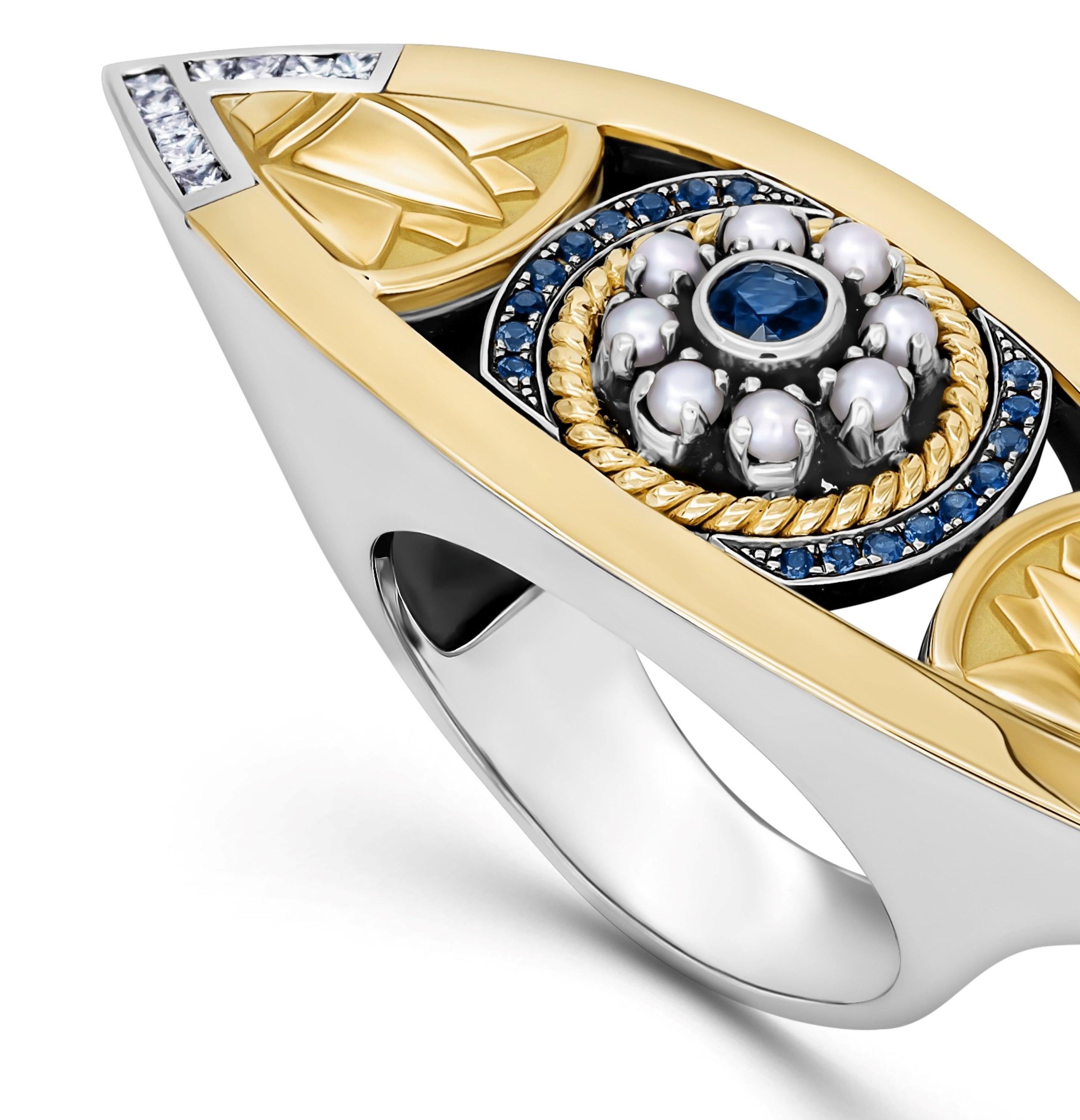 For Sale:  18 Karat Gold, Sterling Silver, Sapphire, Pearl and Diamond Lotus Eye Tut Ring 3