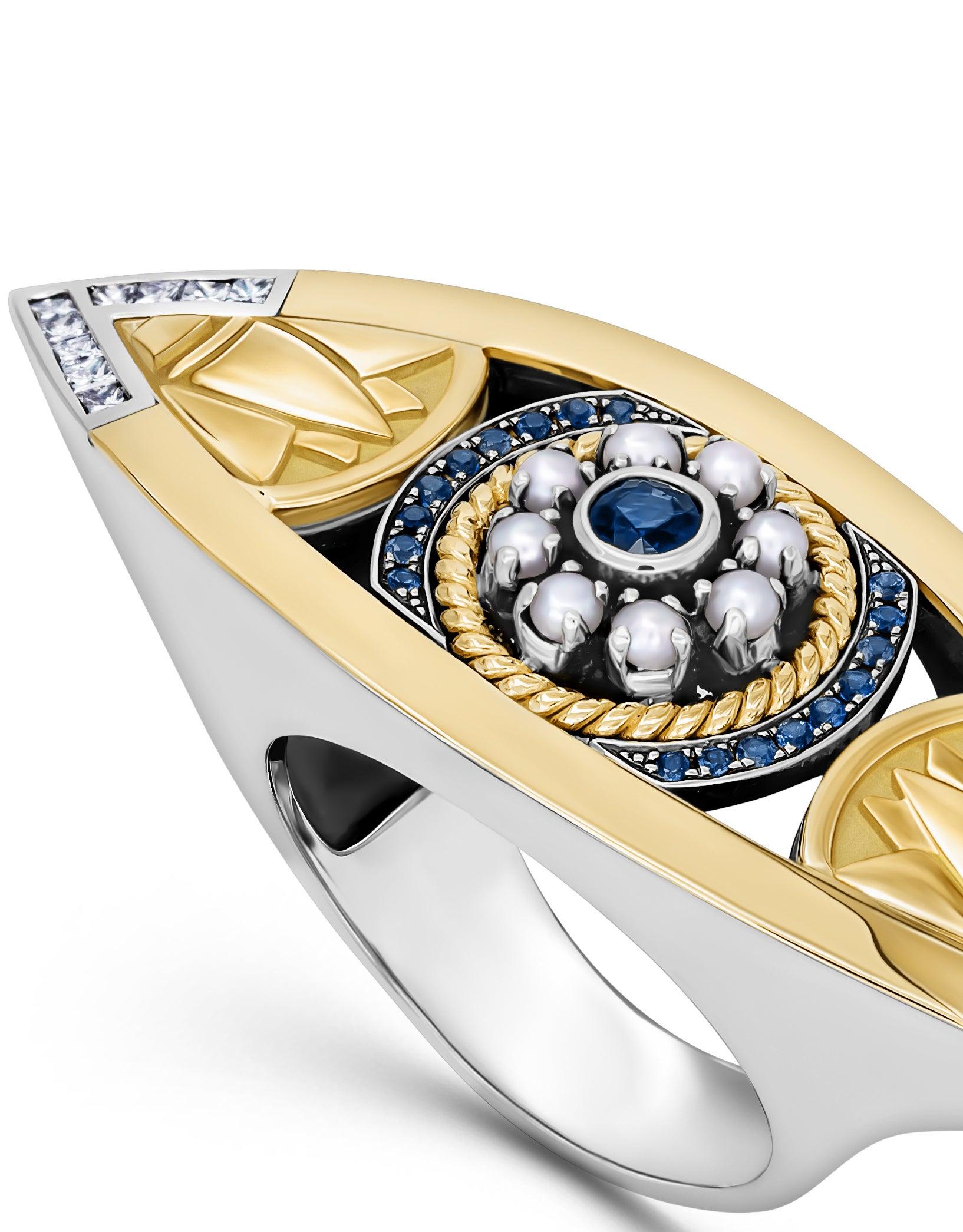 For Sale:  18 Karat Gold, Sterling Silver, Sapphire, Pearl and Diamond Lotus Eye Tut Ring 5