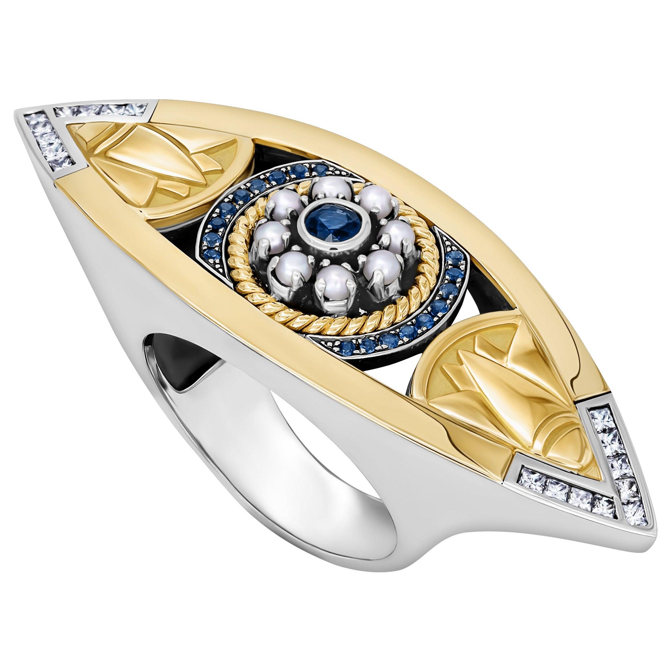 18 Karat Gold, Sterling Silver, Sapphire, Pearl and Diamond Lotus Eye Tut Ring