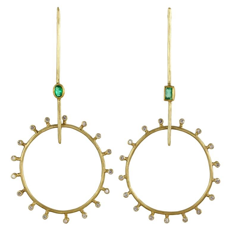 Margery Hirschey 18k Gold Sticks and Stones Diamond and Zambian Emerald Earrings For Sale
