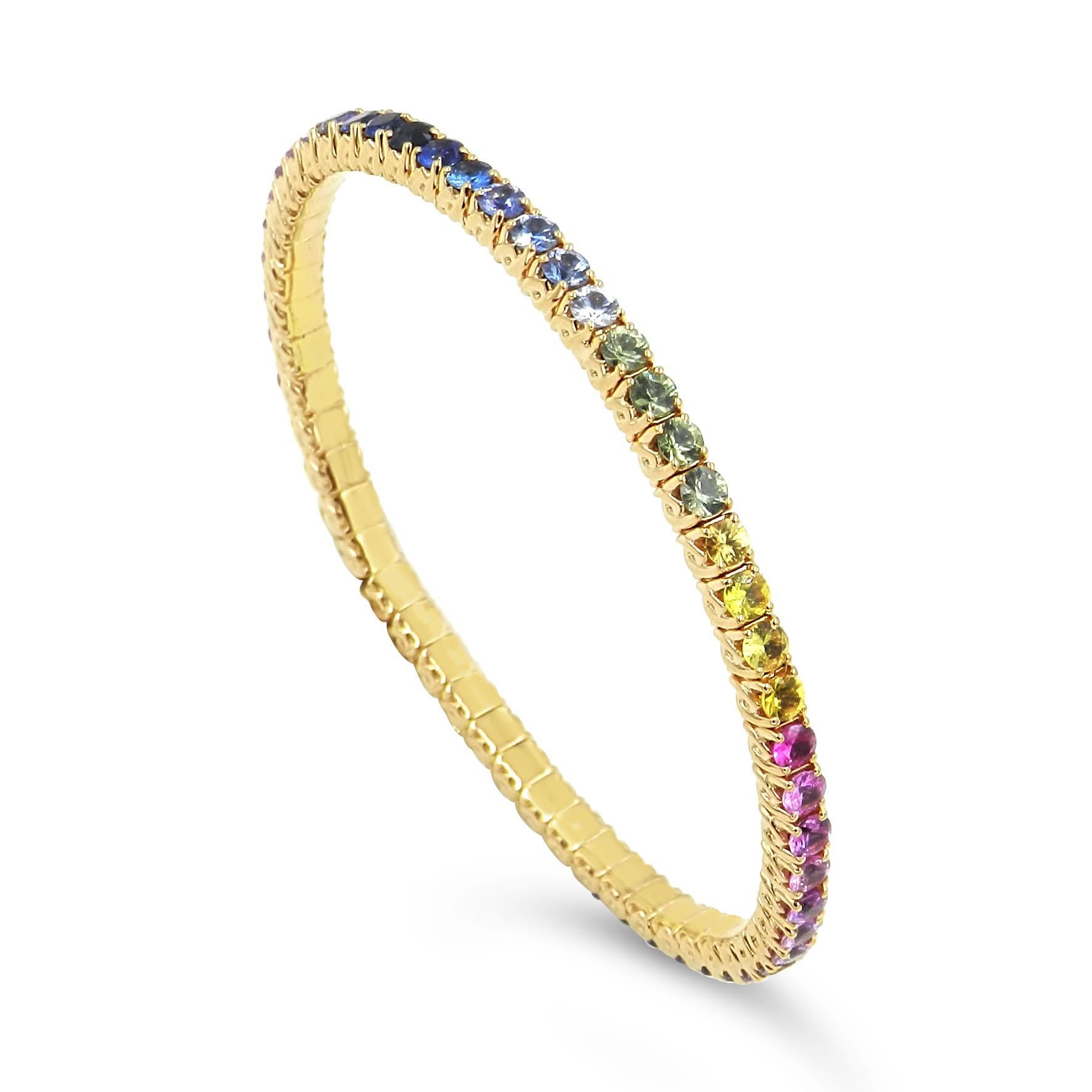 Contemporary 18 Karat  Gold Stretchy Bracelet with Rainbow Sapphires For Sale