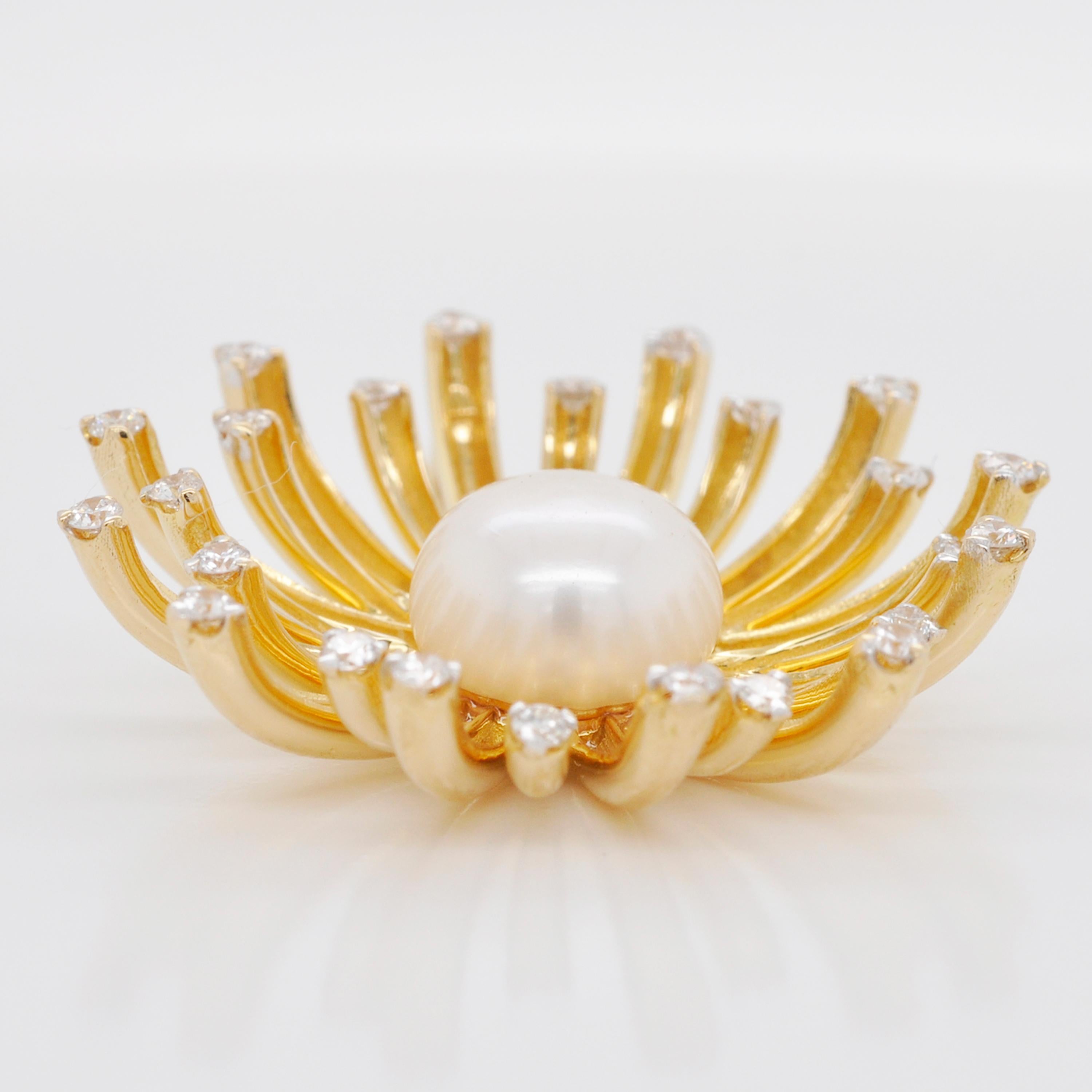 Contemporary 18 Karat Gold Sunflower Pearl Diamond Pendant Necklace For Sale
