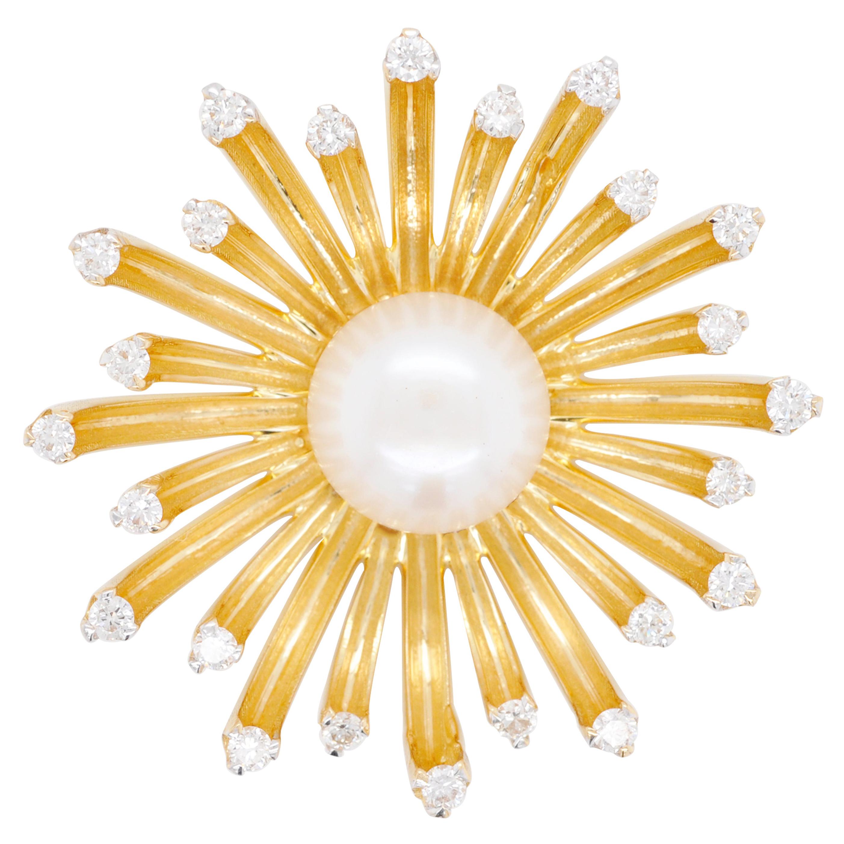 18 Karat Gold Sunflower Pearl Diamond Pendant Necklace For Sale