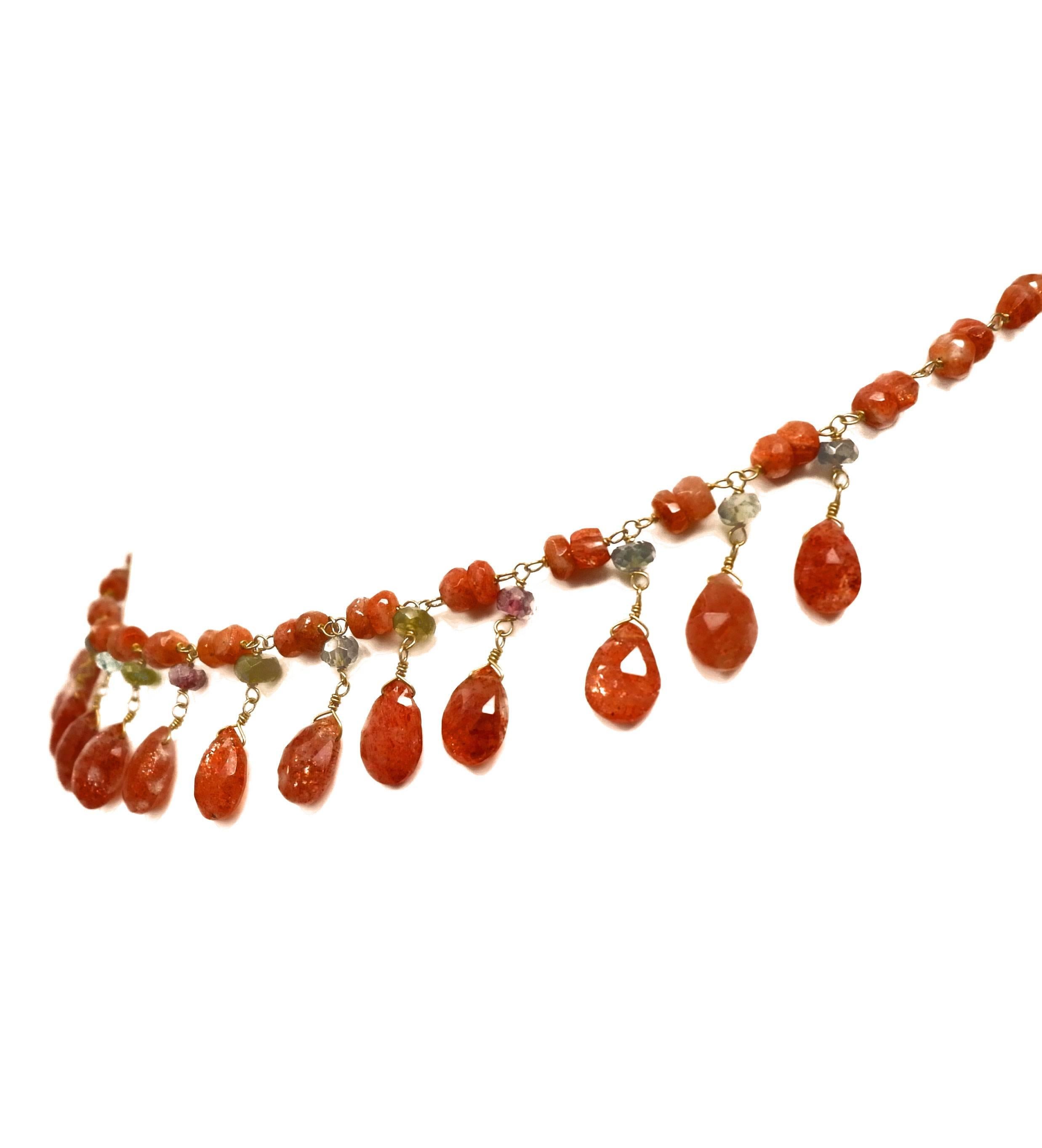 18 Karat Gold Sunstone and Tourmaline Drop Bead Necklace In New Condition In London, Stockholm
