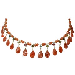 18 Karat Gold Sunstone and Tourmaline Drop Bead Necklace