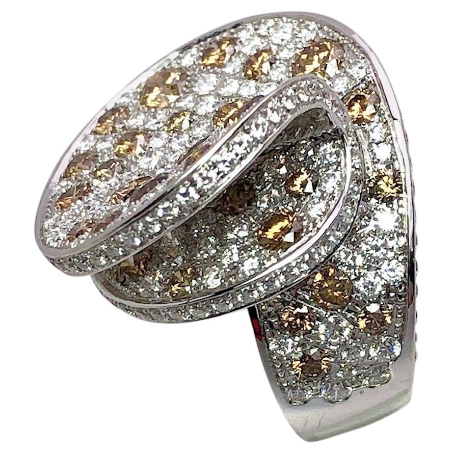 18 Karat Gold Swirl Ring with 3.90 Carat Fancy Brown & 3.20 Carat White Diamonds For Sale