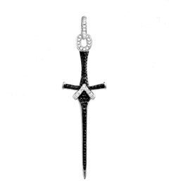 18 Karat Gold Sword Cross Pendant with White & Black Diamonds