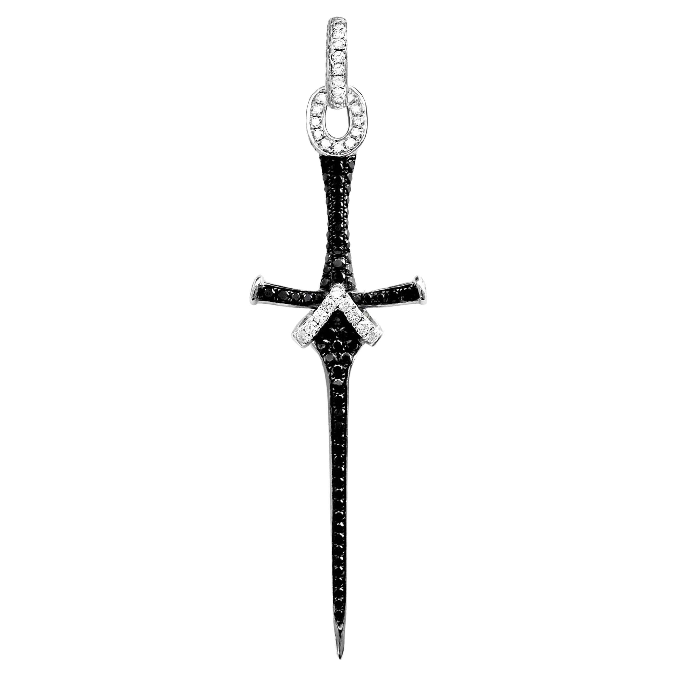 18 Karat Gold Sword Cross Pendant with White & Black Diamonds For Sale