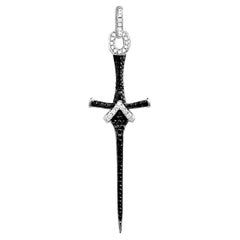 18 Karat Gold Sword Cross Pendant with White & Black Diamonds
