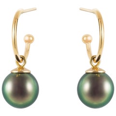 18 Karat Gold Tahitian Pearl Drop Hoop Earrings