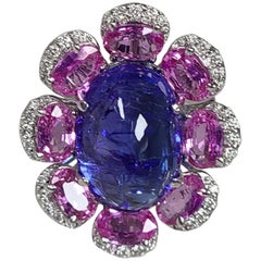 18 Karat Gold Tanzanite Cab with Pink Sapphire and Diamonds