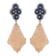 Boucles d'oreilles pendantes en or 18 carats avec tanzanite, morganite sculptée et diamant