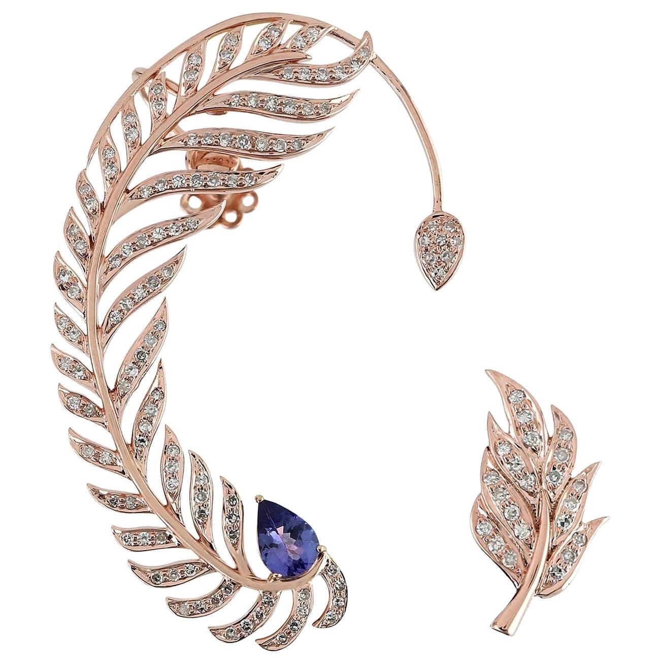 Tanzanite Diamond 18 Karat Gold Feather Ear Climber For Sale