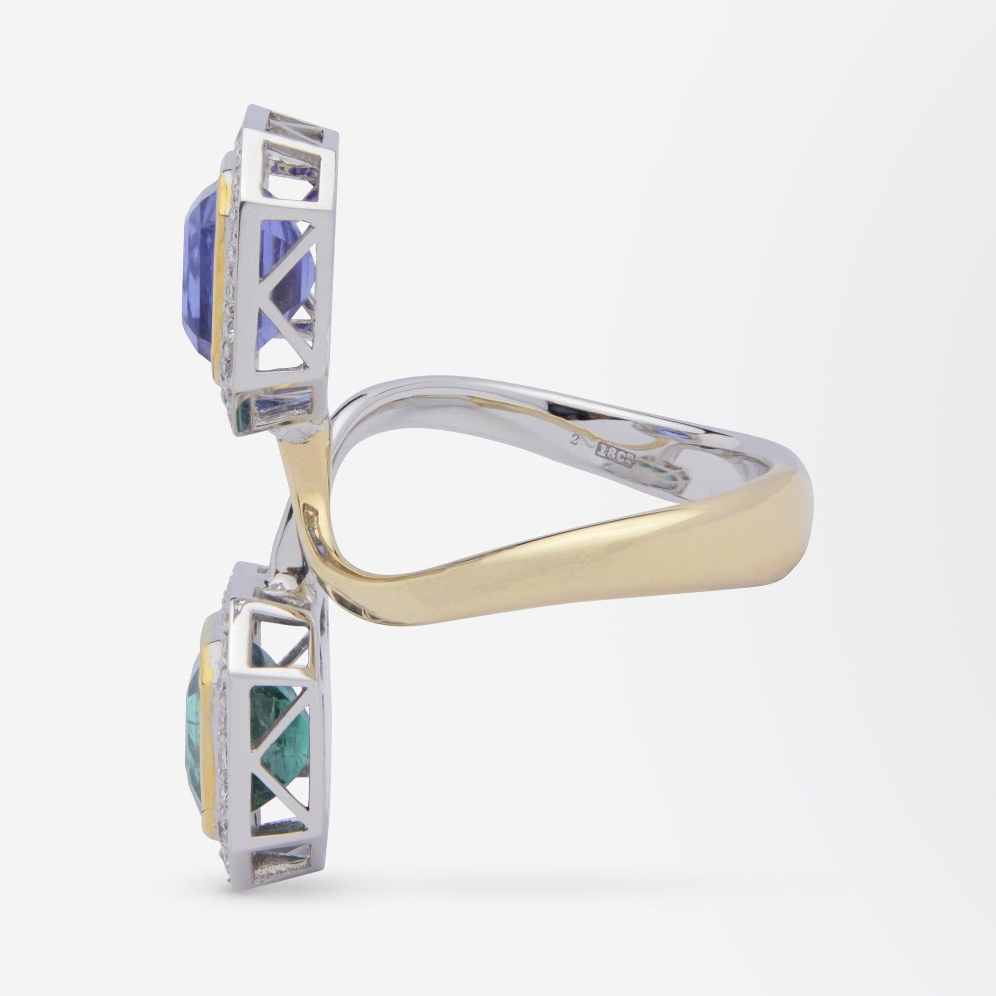Modern 18 Karat Gold, Tanzanite, Emerald & Diamond 'Toi Et Moi' Ring