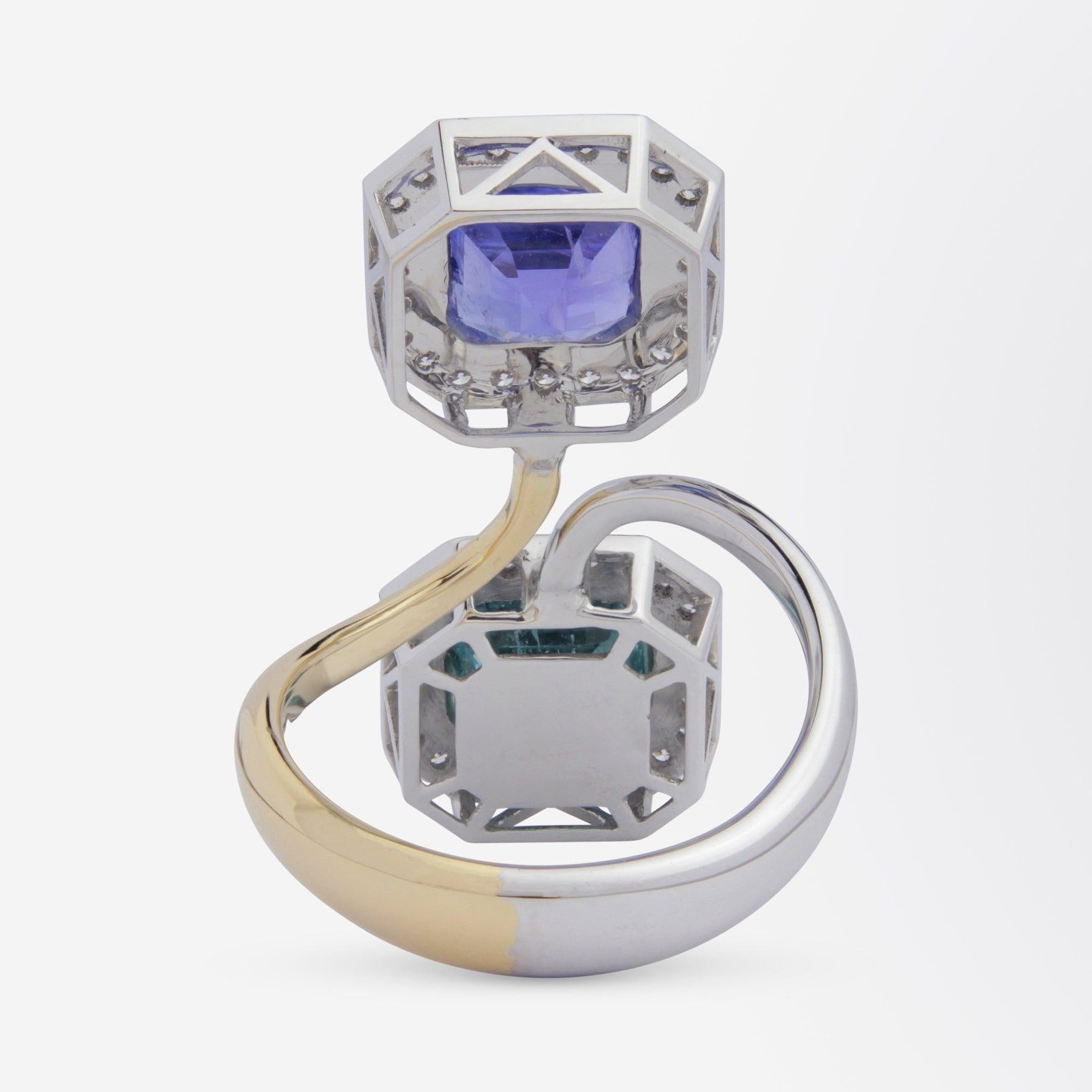 Square Cut 18 Karat Gold, Tanzanite, Emerald & Diamond 'Toi Et Moi' Ring