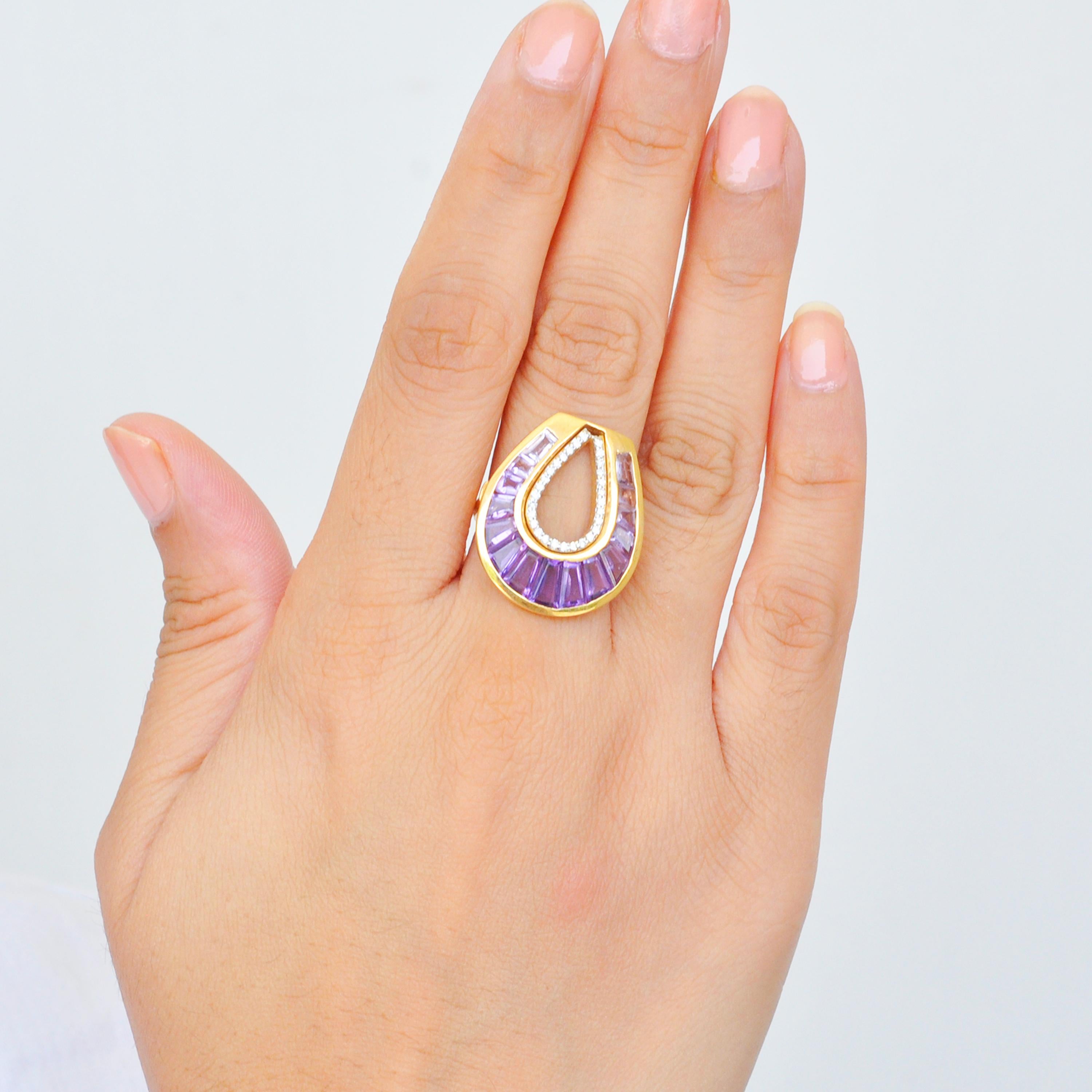 For Sale:  18 Karat Gold Taper Baguette Amethyst Cocktail Diamond Contemporary Ring 10