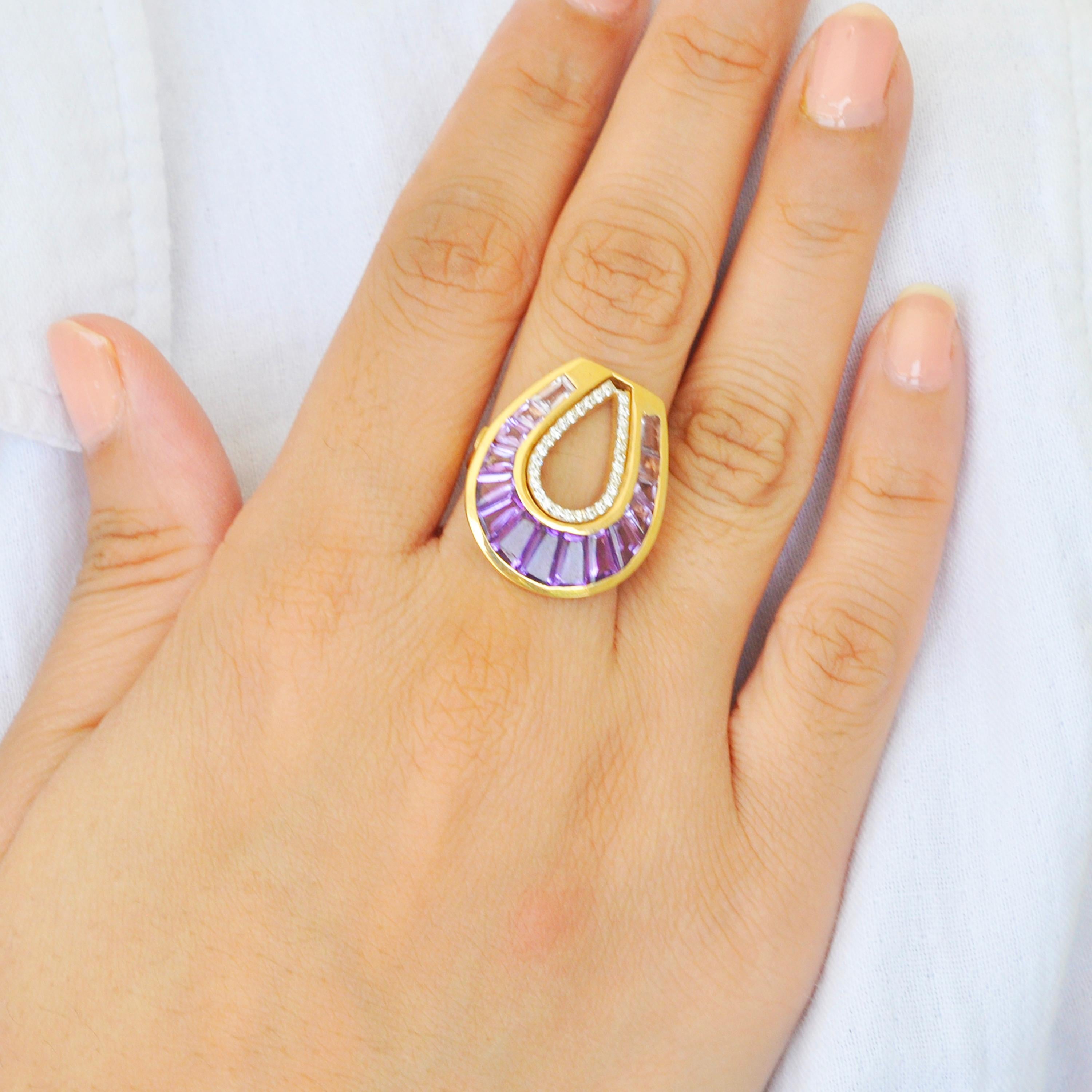 For Sale:  18 Karat Gold Taper Baguette Amethyst Cocktail Diamond Contemporary Ring 2