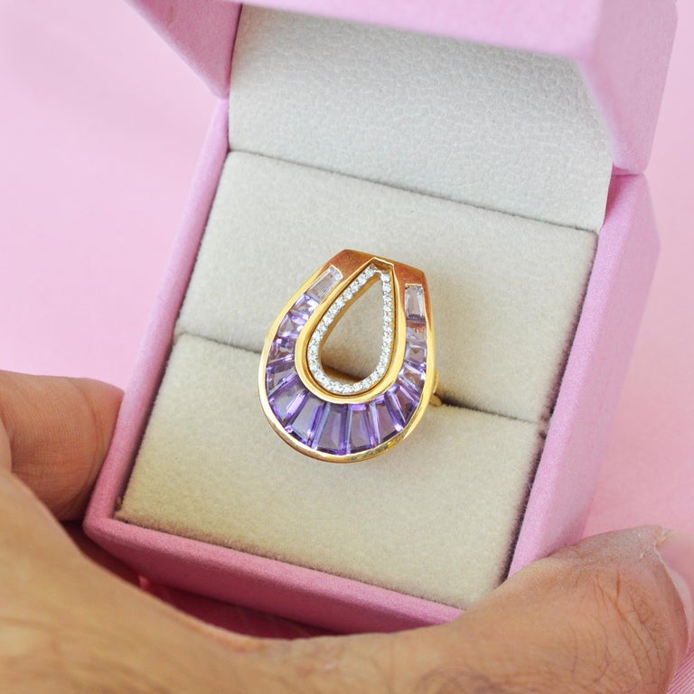 Customizable 18 Karat Gold Taper Baguette Amethyst Cocktail Diamond