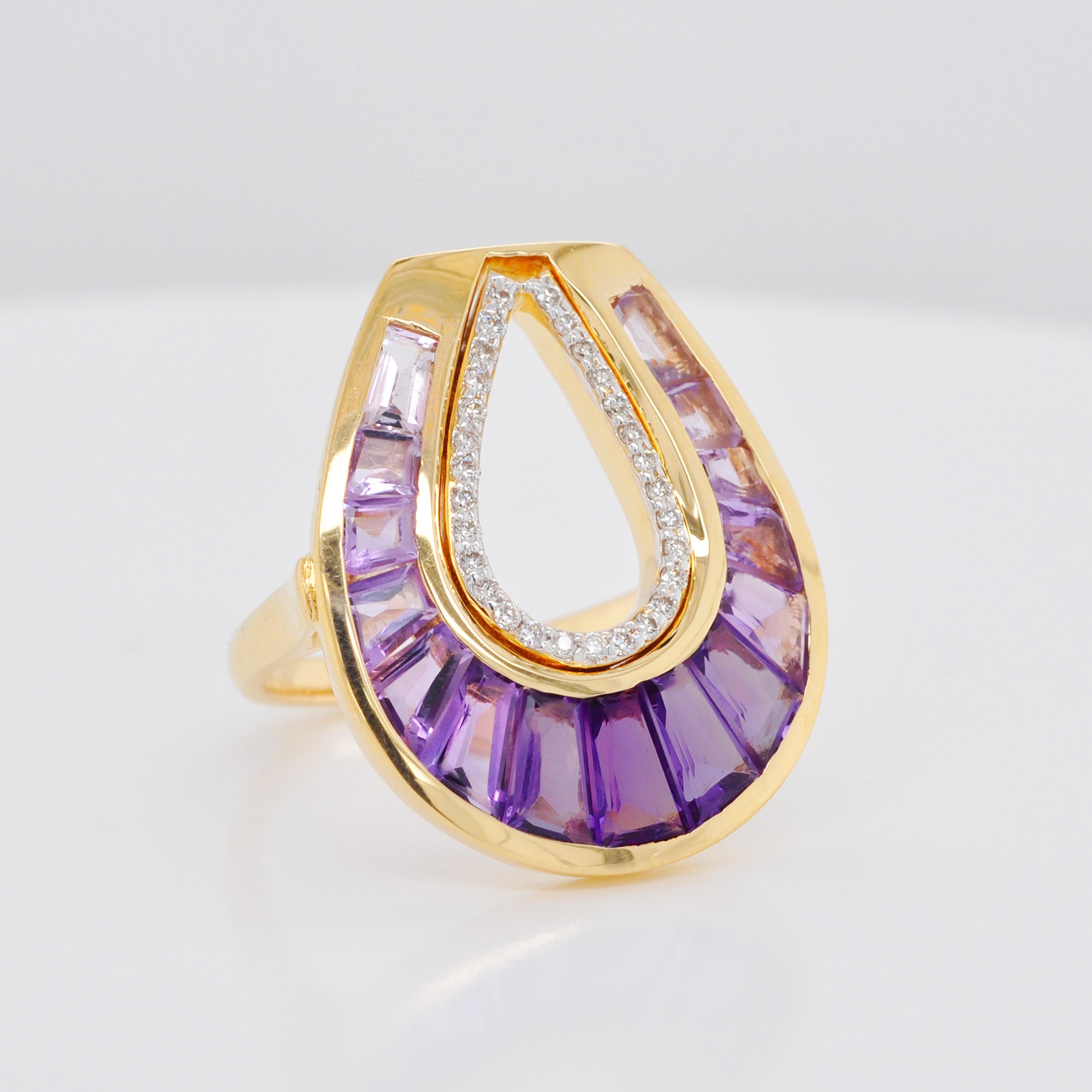 For Sale:  18 Karat Gold Taper Baguette Amethyst Cocktail Diamond Contemporary Ring 4