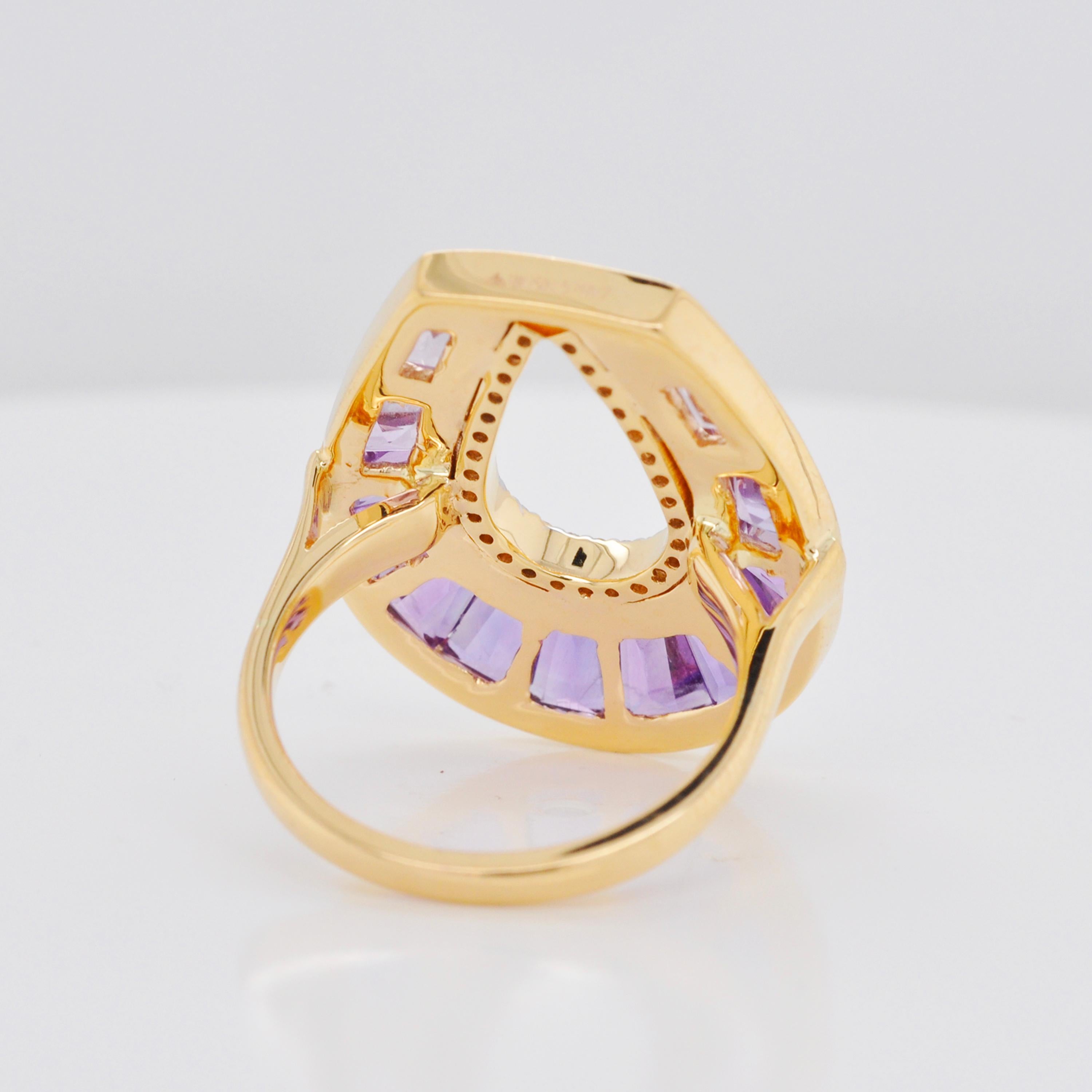 For Sale:  18 Karat Gold Taper Baguette Amethyst Cocktail Diamond Contemporary Ring 6