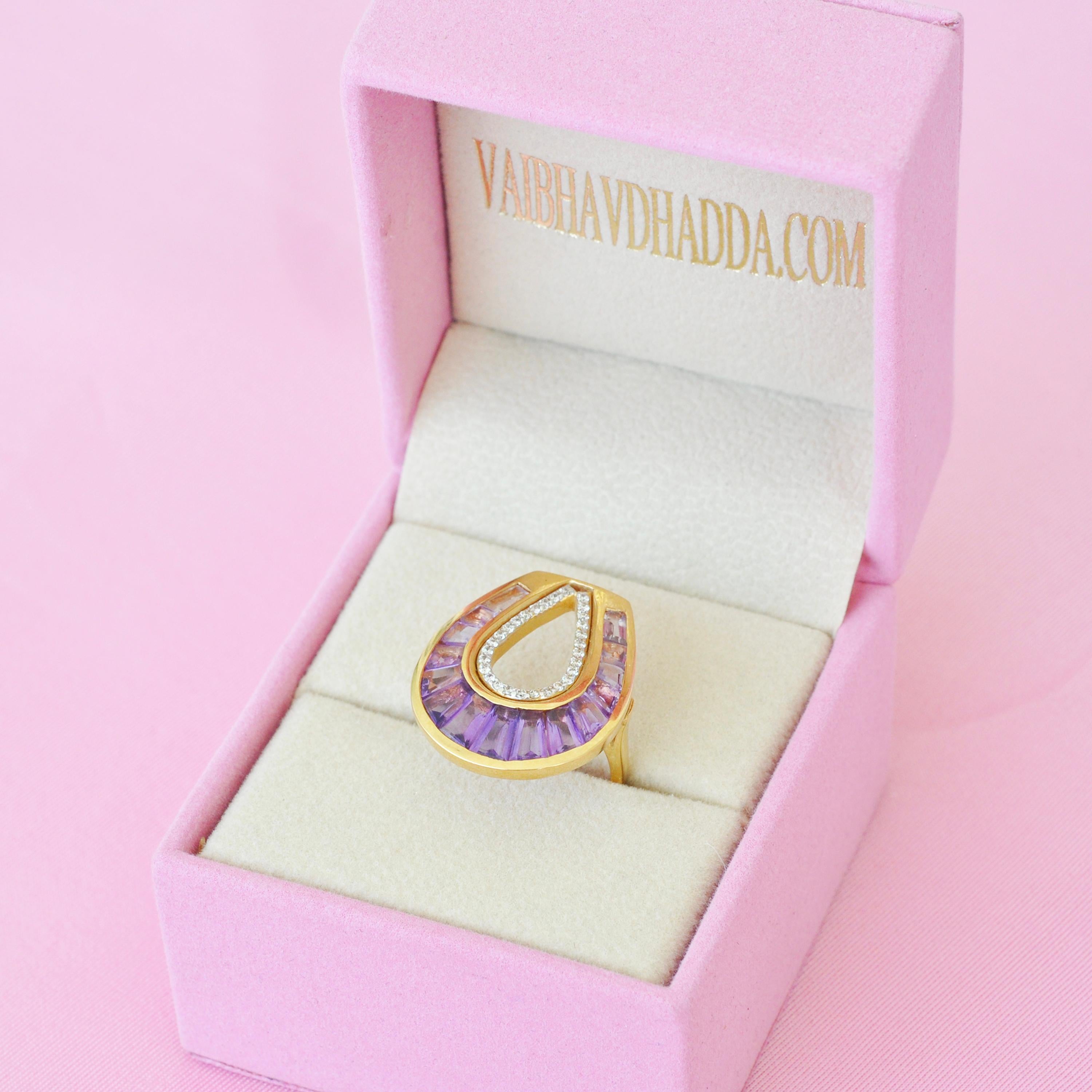 For Sale:  18 Karat Gold Taper Baguette Amethyst Cocktail Diamond Contemporary Ring 7