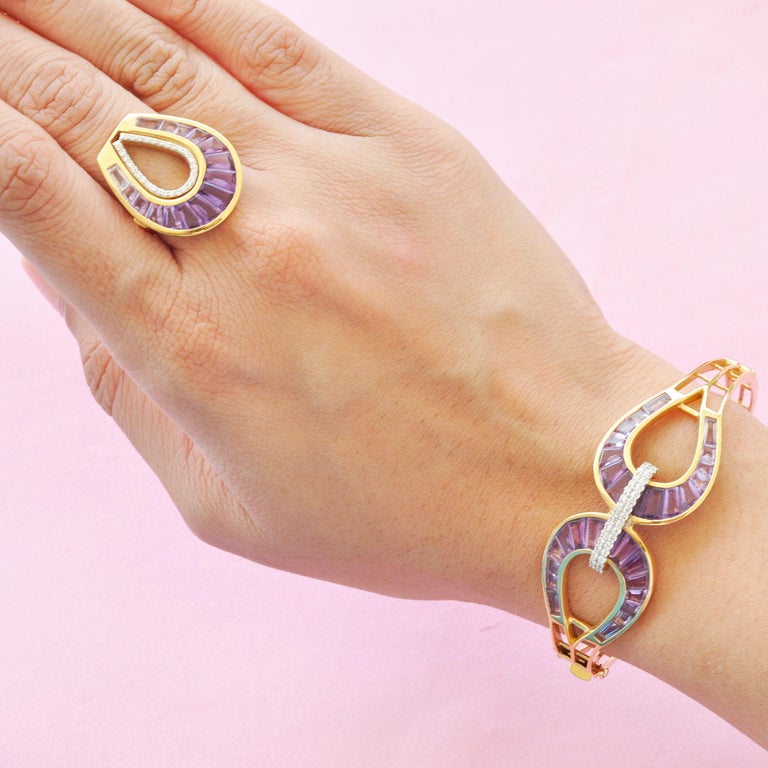 Customizable 18 Karat Gold Taper Baguette Amethyst Cocktail Diamond