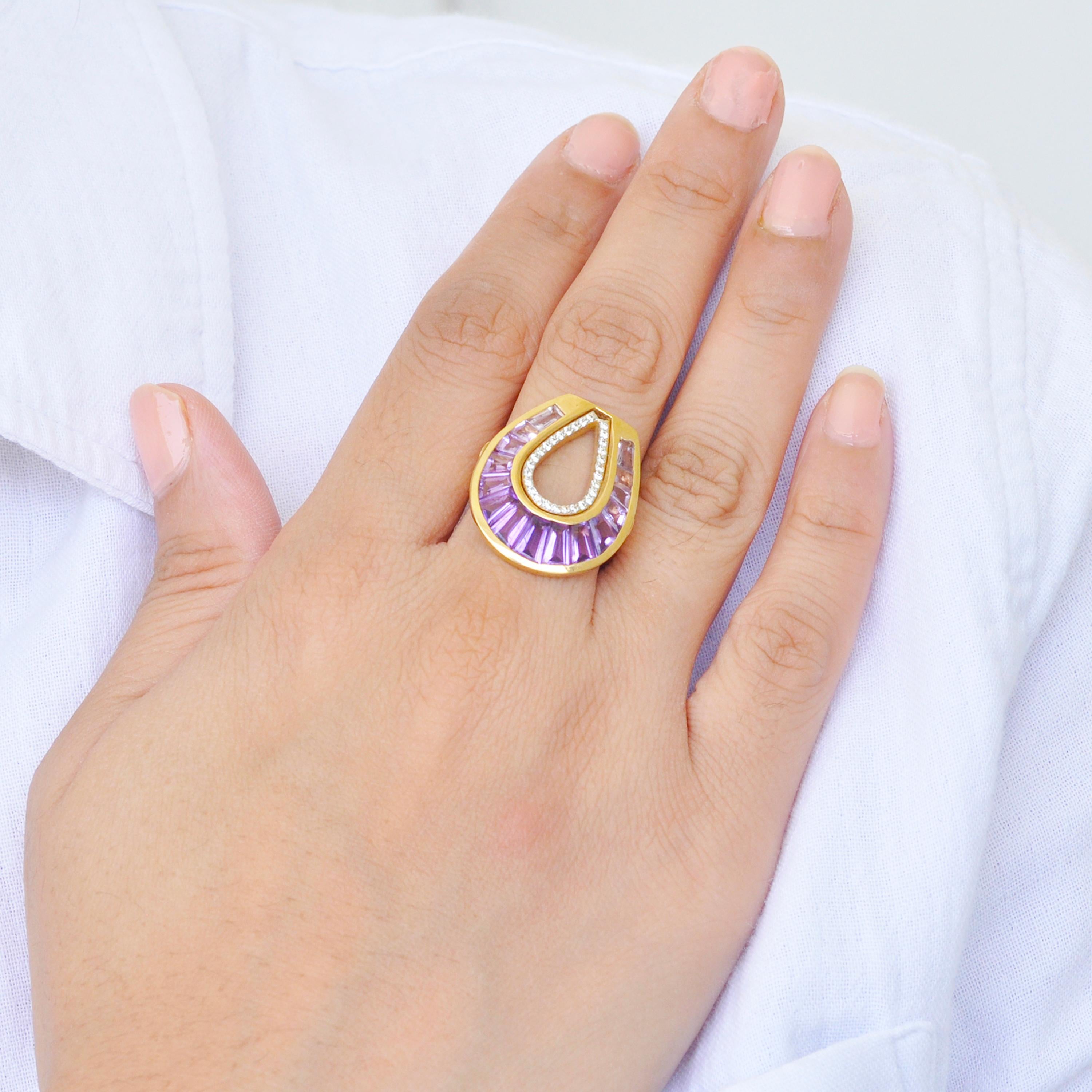 For Sale:  18 Karat Gold Taper Baguette Amethyst Cocktail Diamond Contemporary Ring 9