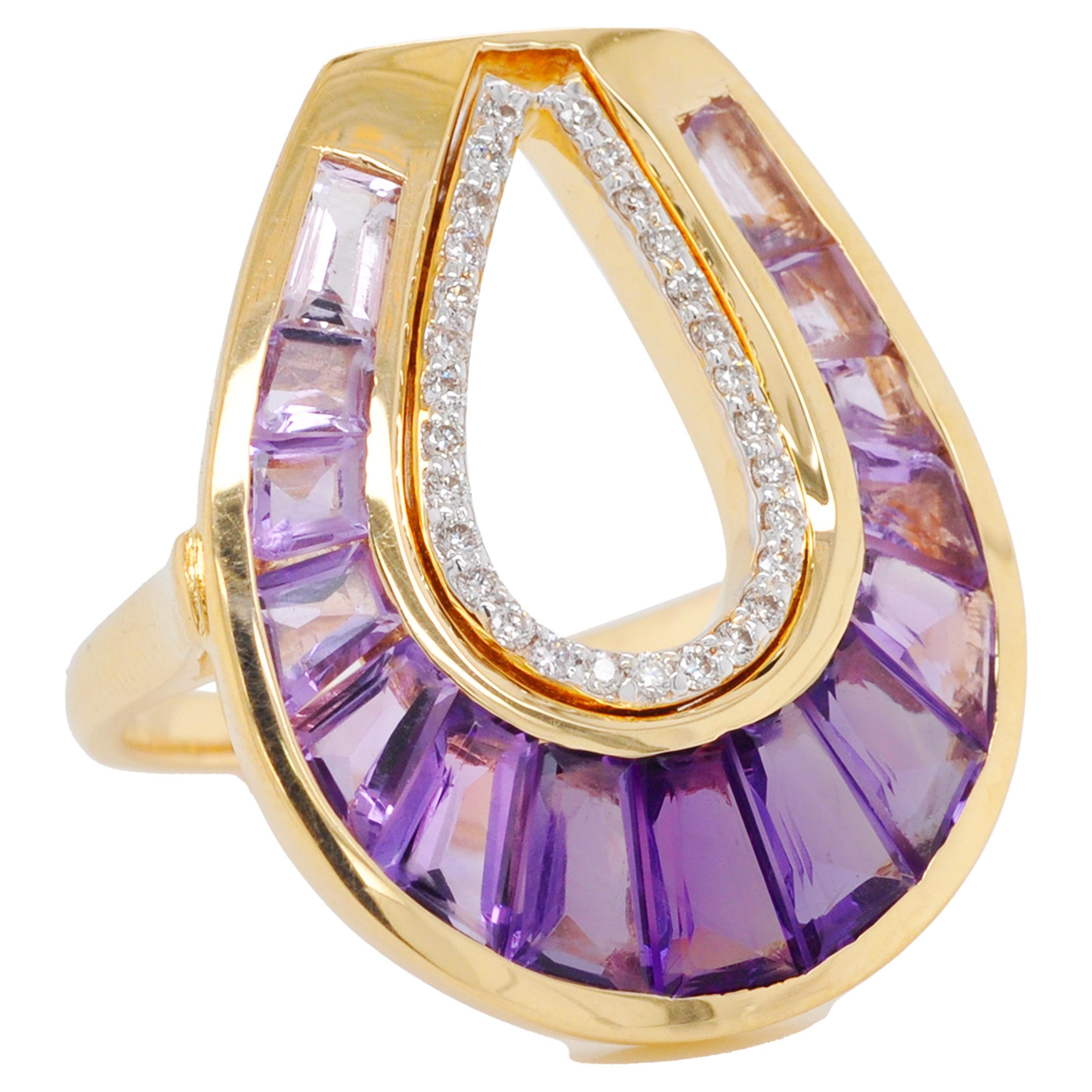 For Sale:  18 Karat Gold Taper Baguette Amethyst Cocktail Diamond Contemporary Ring