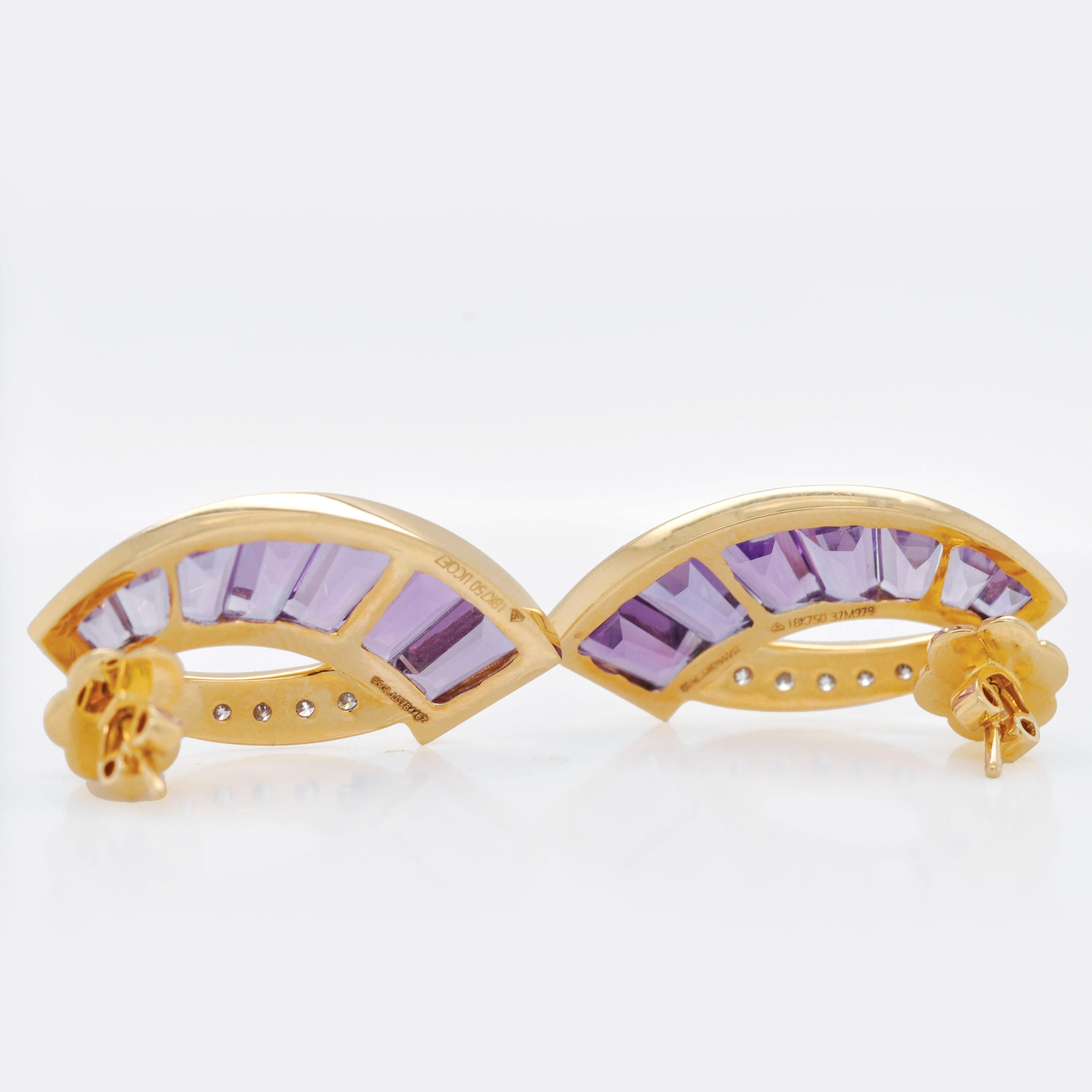 18 Karat Gold Taper Baguette Channel Set Amethyst Diamond Contemporary Ear-Clips In New Condition For Sale In Jaipur, Rajasthan