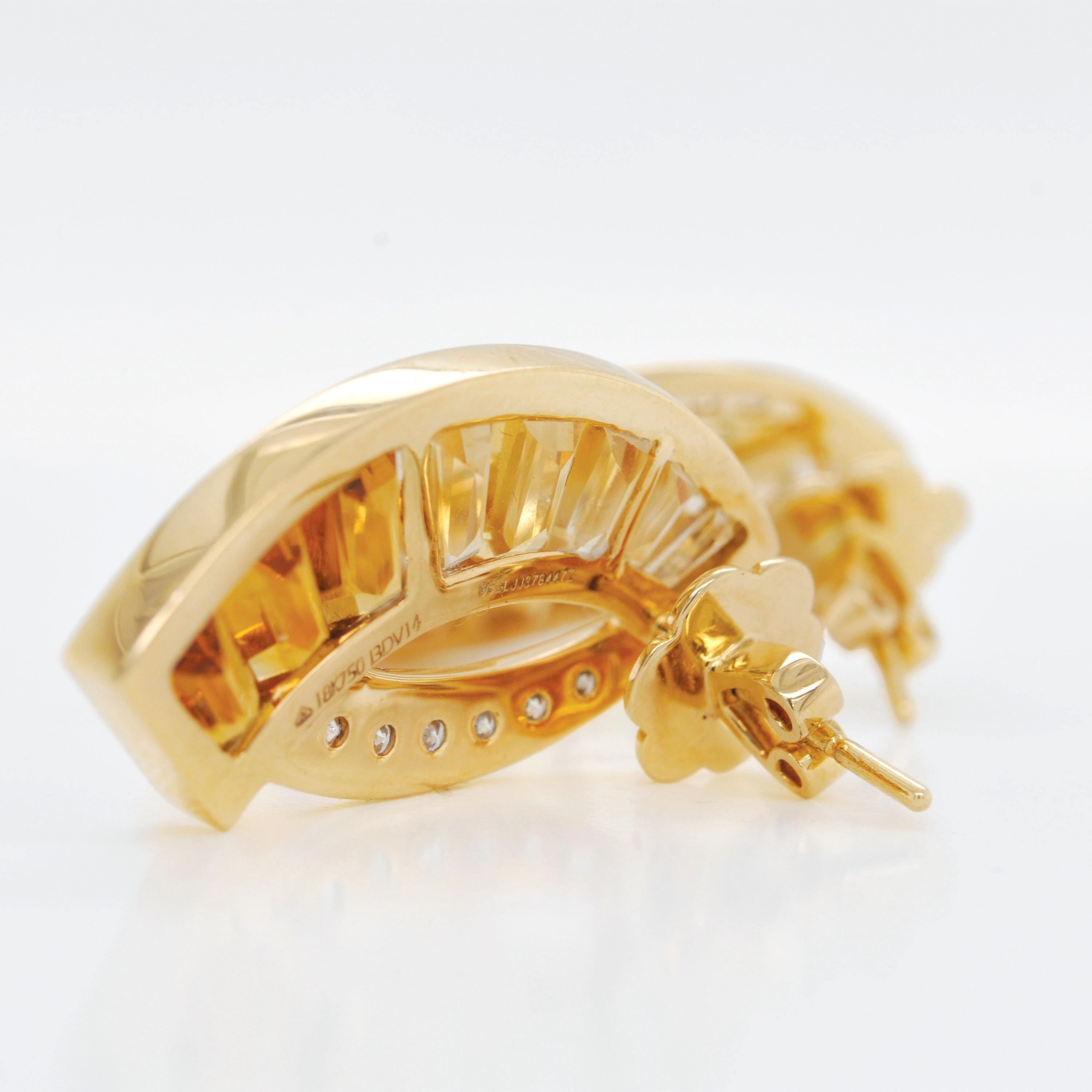 Tapered Baguette 18 Karat Gold Taper Baguette Channel Set Citrine Diamond Contemporary Ear Studs For Sale